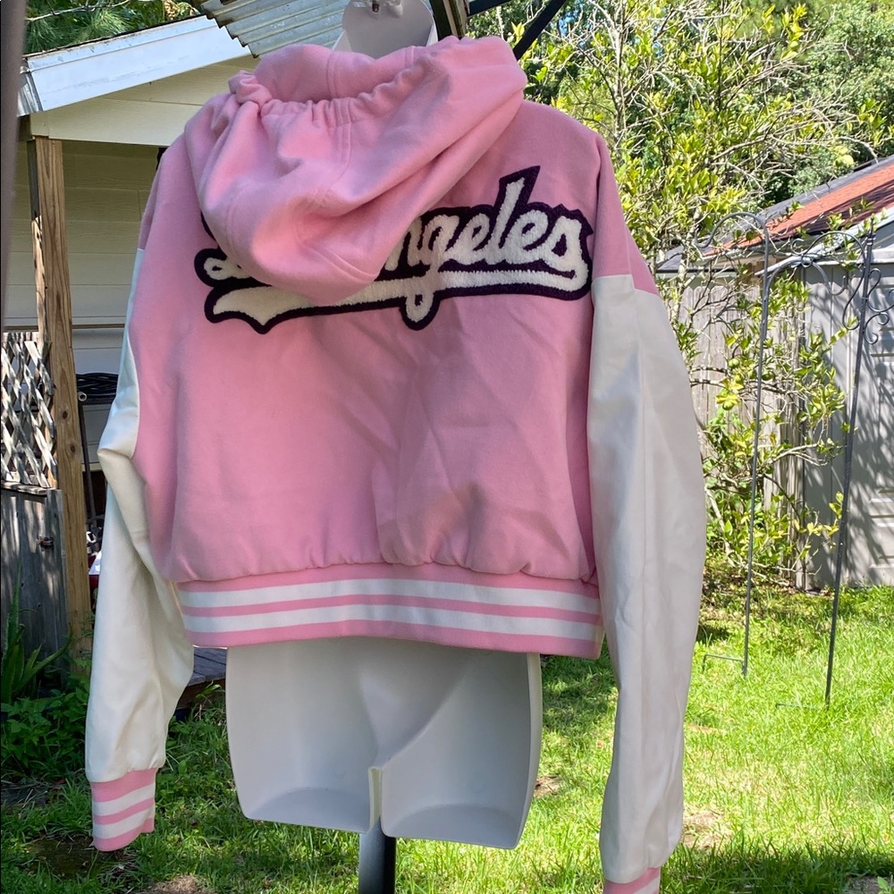Varsity Crop Pink and White Los Angeles Hoodie Jacket Plus Size 3X - Picture 2 of 9